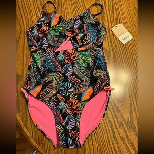 Girls L14 black one piece bathing suit with colorful leaves pattern. NWT